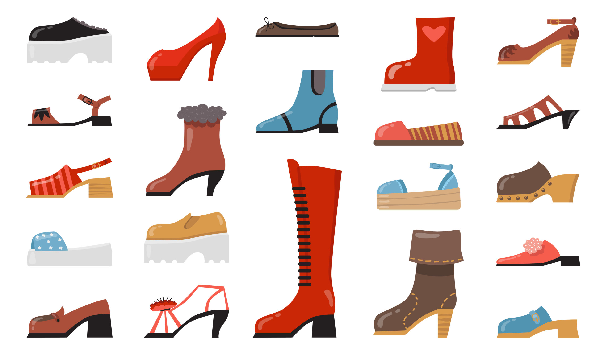 Various fashionable footwear flat icon set